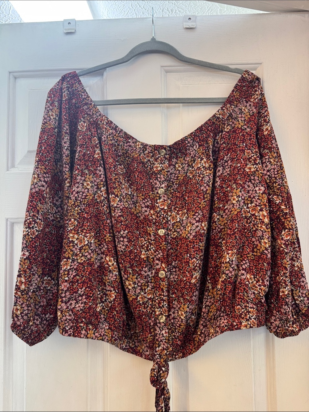 Floral Button-Front Tie Hem Women’s Top - Burgundy off the shoulder top